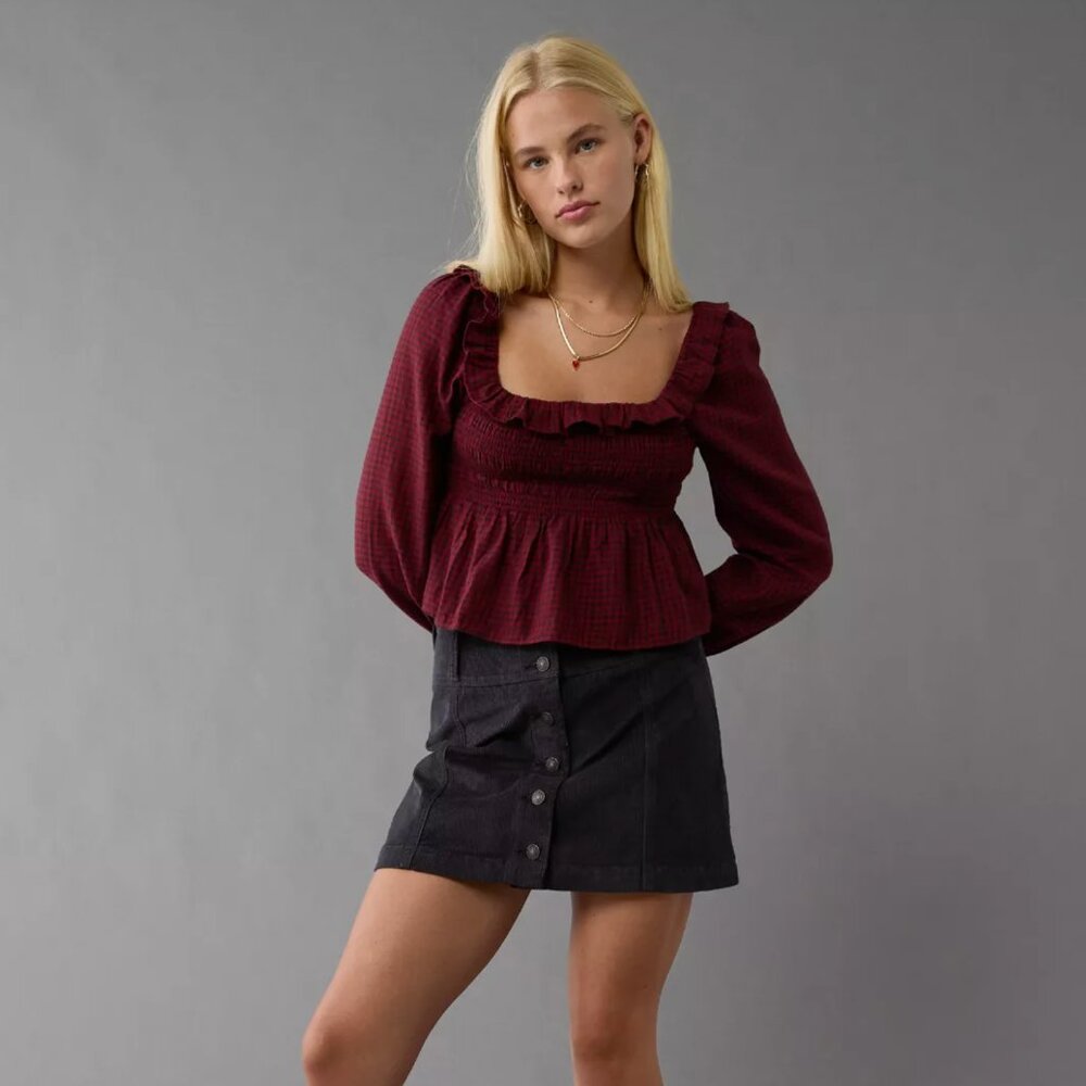 American Eagle Long-Sleeve Smocked Ruffle Plaid Top in Red